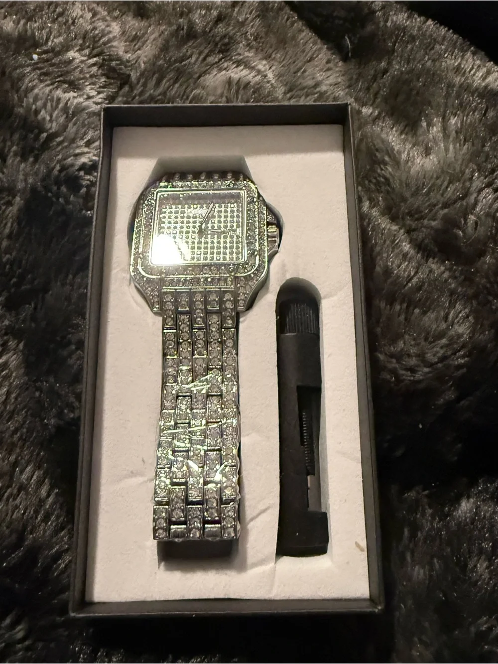 Men’s Pave Crystal Square Bracelet Watch — Silver